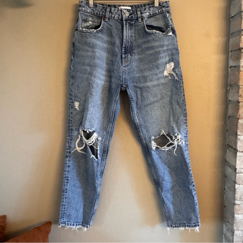 ZARA Ripped Ankle Jeans in Light Blue